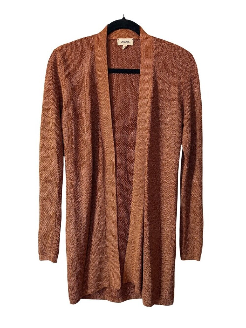 L'Agence Metallic Open Front Long Cardigan Sweater Rust Brown Size Small
